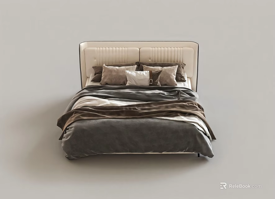 Modern Double Bed With Upholstered Headboard And Cozy Gray Brown Bedding 3d model