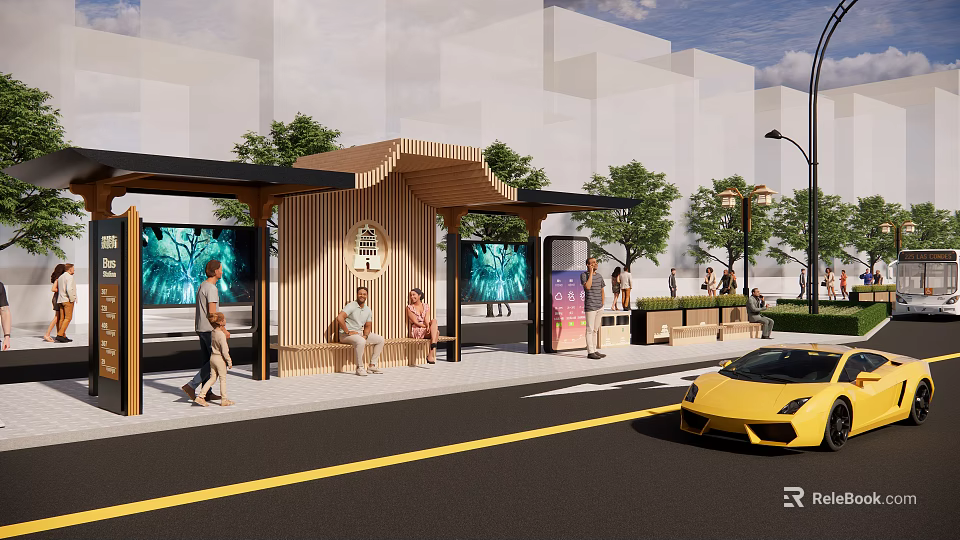 Modern Bus Stop With Wooden Structure Benches Digital Screens And Yellow Sports Car 3d model 