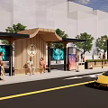 Modern Bus Stop With Wooden Structure Benches Digital Screens And Yellow Sports Car