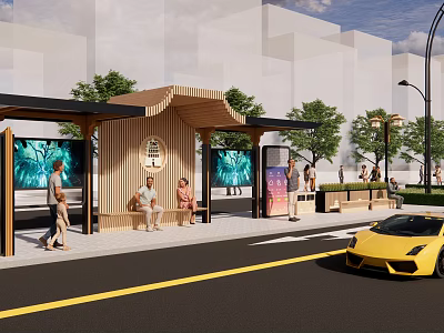 Modern Bus Stop With Wooden Structure Benches Digital Screens And Yellow Sports Car 3d model
