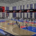 Modern Basketball Gymnasium with Live Game Players Spectators Bright Lighting and Court Seating