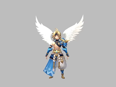 Mythical Game Character With Golden Hair White Wings And Blue Gold Armor 3d model