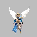 Mythical Game Character With Golden Hair White Wings And Blue Gold Armor