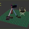 Professional Electronic Camera With Tripod And Director Chair On Green Mat