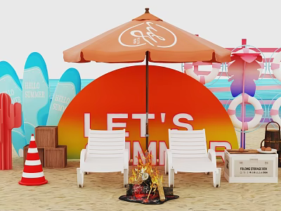 Summer Beach Photo Check-in Spot With Orange Umbrella White Lounge Chairs And Surfboards 3d model