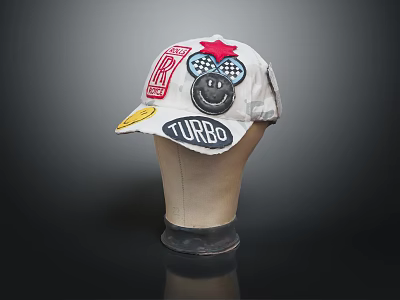 Stylish White Hat Featuring Turbo Lettering Smiley Face And Red Star Design 3d model