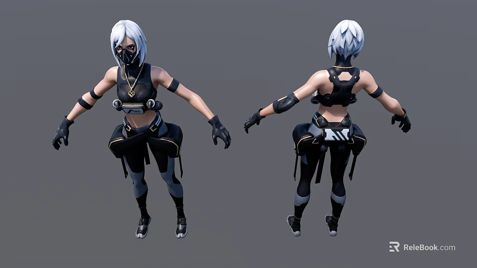 Game Movie Character With White Hair Mask Black Combat Outfit And Wrist Guards 3d model 