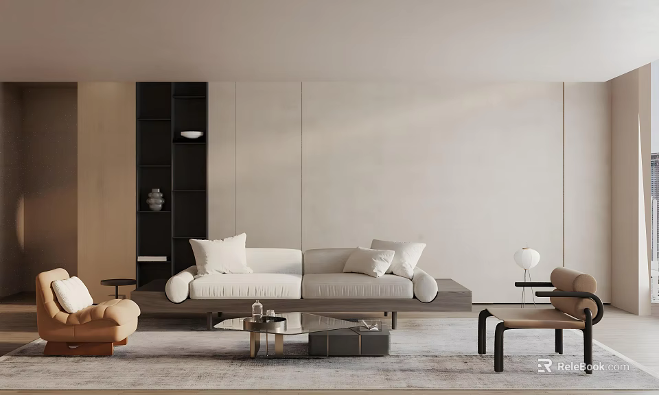 Modern Living Room Interior Design With Light-Colored Sofa Black Bookshelf And Brown Armchair 3d model 
