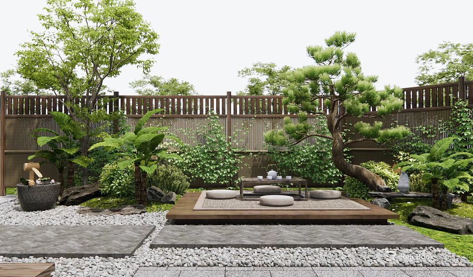 Tranquil Courtyard Garden Design With Wooden Fence Lush Green Plants Stone Flooring And Cushioned Seating Area 3d model 