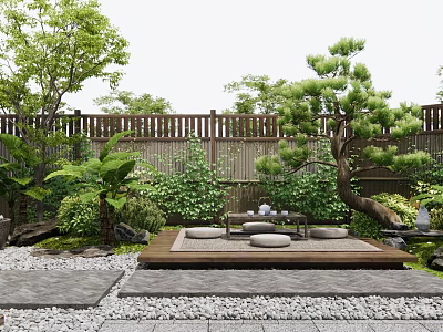 Tranquil Courtyard Garden Design With Wooden Fence Lush Green Plants Stone Flooring And Cushioned Seating Area 3d model