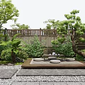 Tranquil Courtyard Garden Design With Wooden Fence Lush Green Plants Stone Flooring And Cushioned Seating Area