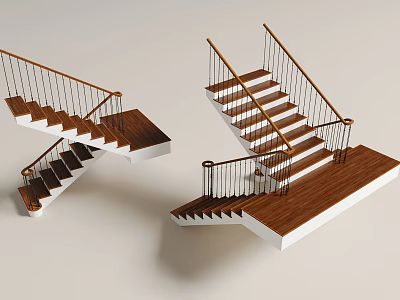 Modern Home Interior Staircase With Wooden Steps And Black Metal Railings 3d model