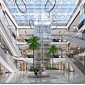 Modern Shopping Mall Lobby Interior With Glass Storefronts White Seating Green Plants And Displays