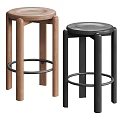 Two Stylish Bar Stools In Brown And Black With Wooden Legs And Metal Footrest Rings