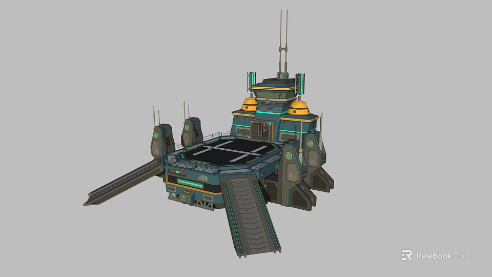Futuristic Platform Structure With Antennas Golden Domes And Entrance Ramps 3d model 