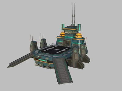Futuristic Platform Structure With Antennas Golden Domes And Entrance Ramps 3d model