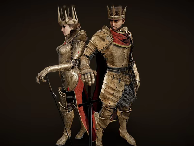 Golden Decorative Weapon On Standing Royal Figures With Crowns And Armor 3d model