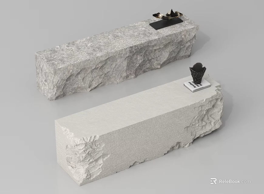 Rock Textured Stone Reception Desk With Light Gray Surface And Decorative Ornaments 3d model 