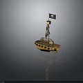 Pirate Ship Model with Yellow Hull Purple Skull Flag Round Windows and Deck Details