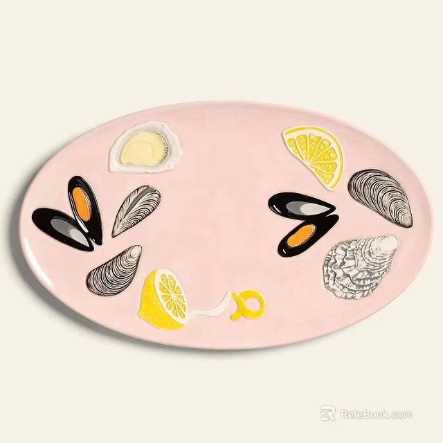 Pink Oval Dinnerware Set With Oysters Mussels And Lemon Slices For Seafood Serving 3d model 