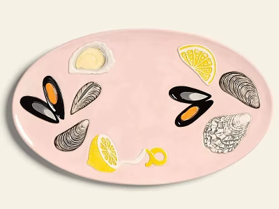 Pink Oval Dinnerware Set With Oysters Mussels And Lemon Slices For Seafood Serving 3d model