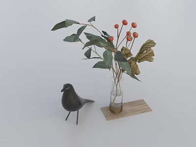 Transparent Vase with Red Berries Green and Dried Leaves on Wooden Tray with Black Bird Figurine 3d model
