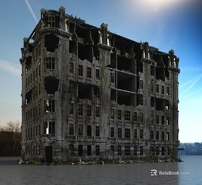 Architectural Components Of Abandoned Building Featuring Damaged Windows Weathered Walls And Classical Decorations 3d model 