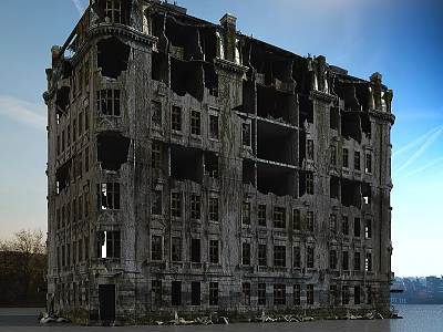 Architectural Components Of Abandoned Building Featuring Damaged Windows Weathered Walls And Classical Decorations 3d model