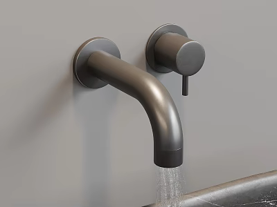 Black Faucet Mounted on Gray Wall with Running Water Above Dark Countertop 3d model