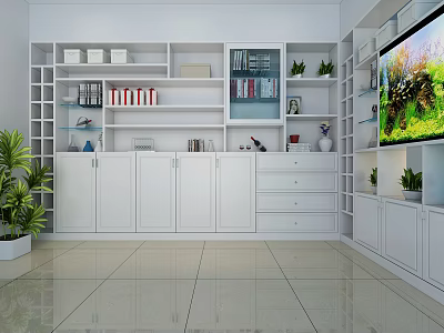 White Bookcase With Open Shelves Storage For Books Decor And Green Plants 3d model
