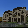 Elegant Townhouse Exterior With Scenic Balconies Fountain Pond And Greenery