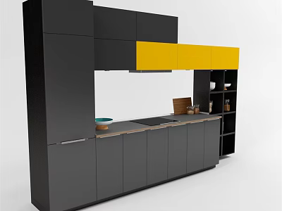 Modern Kitchen Cabinets Black Yellow Gray With Upper Lower Storage And Countertop 3d model