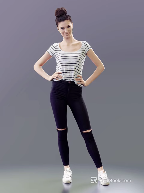 Woman Wearing Striped Short Top And Black Ripped Skinny Jeans Standing With Hands On Hips 3d model 