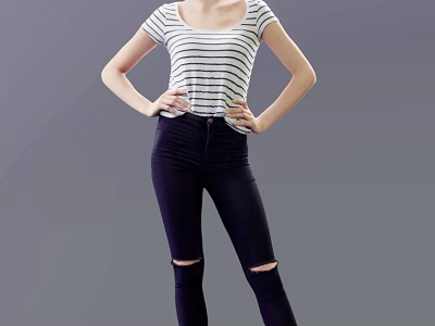 Woman Wearing Striped Short Top And Black Ripped Skinny Jeans Standing With Hands On Hips 3d model