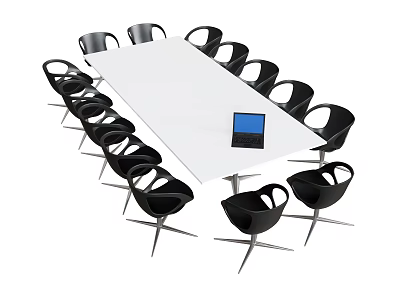 Contemporary White Conference Table With Black Chairs And Laptop On Surface 3d model