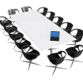 Contemporary White Conference Table With Black Chairs And Laptop On Surface