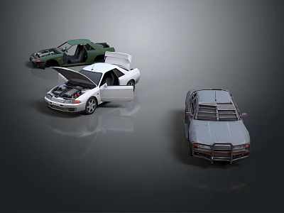 Three Car Models Green Convertible White Sports Car With Open Hood And Gray SUV 3d model