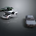 Three Car Models Green Convertible White Sports Car With Open Hood And Gray SUV