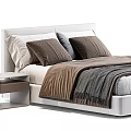 Modern Double Bed With White Headboard Mattress Brown Pillows Gray Blanket And Nightstand