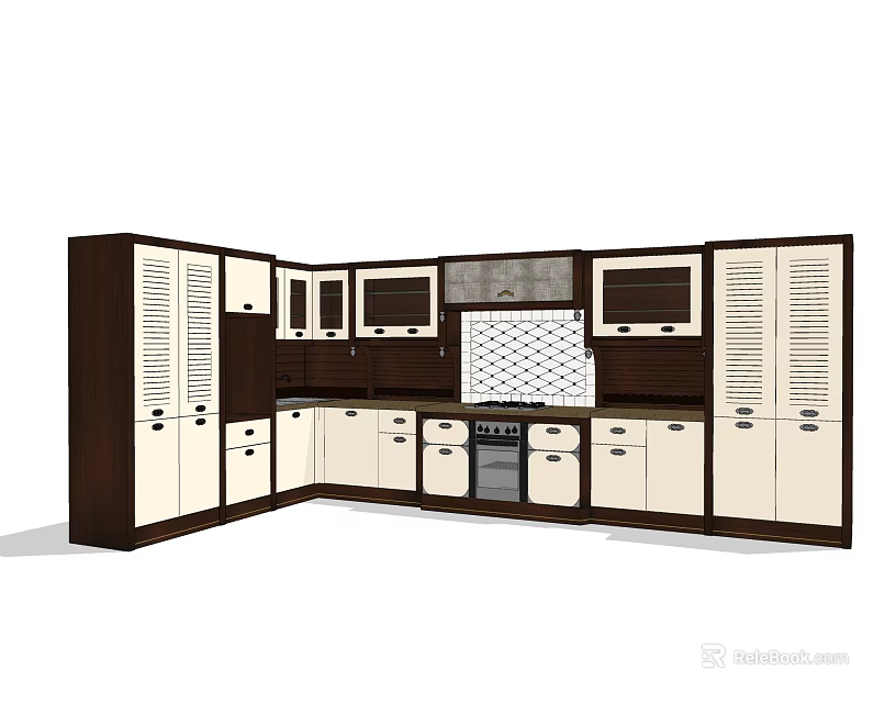 Modern L shaped kitchen cabinets with dark brown and white doors drawers and microwave 3d model 