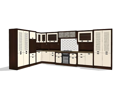 Modern L shaped kitchen cabinets with dark brown and white doors drawers and microwave 3d model