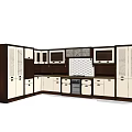 Modern L shaped kitchen cabinets with dark brown and white doors drawers and microwave