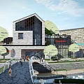 Modern Commercial Street With Modern Architecture Waterfront Lotus Pond And Stone Bridge