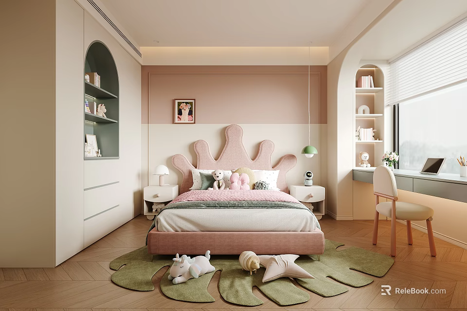 Elegant Kids Room Design With Heart Shaped Headboard Green Rug And Stuffed Toys 3d model 