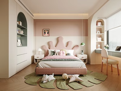 Elegant Kids Room Design With Heart Shaped Headboard Green Rug And Stuffed Toys 3d model