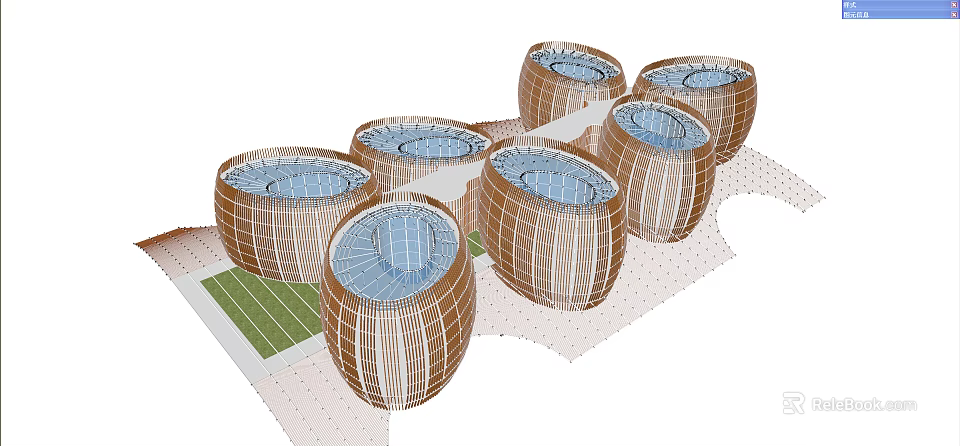 Coconut Shell Shaped Structures With Grid Texture And Blue Top Pools Arranged In Green Area 3d model 