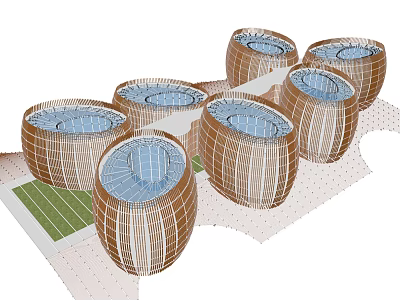 Coconut Shell Shaped Structures With Grid Texture And Blue Top Pools Arranged In Green Area 3d model