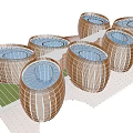 Coconut Shell Shaped Structures With Grid Texture And Blue Top Pools Arranged In Green Area