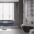 Modern Luxury Bathroom Interior Design With Double Vanity Bathtub Glass Partition Gray Tones Marble Countertops