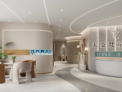 Elegant Modern Beauty Salon Interior With Warm Reception Counter And Comfortable Waiting Lounge Space 3d model